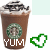 Two side-by-side pixelated images of a Starbucks-style coffee drink with whipped cream and chocolate drizzle, each labeled 'YUM' in different colors.