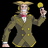 Pixelated cartoon character in military-style uniform holding a yellow object, next to stylized text on black background.