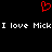 Red pixelated heart symbol above repeated white text 'I love Mick' on black background.