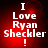 Red background with white pixelated text reading "I Love Ryan Sheckler!" in four identical arranged in a