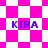 Pixelated pink and white checkered background with blue text 'KIRA' repeated four times in different positions.