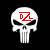 Pixelated skull icon with red symbol on forehead, black background, and white skeletal features.