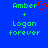 Blue background with green text reading 'Amber + Logan forever' and a red pixelated heart symbol replacing the letter O in Amber on the left side.