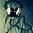 Pixelated static icon of a stylized figure with glowing eyes and abstract shapes against a gradient background.