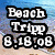 Beach scene with text overlays: 'Beach Tripp 8.18.08', 'Chyeah, boy ride dat wave.', 'waves beat me upp.', and 'J.R.S.K' on a blue sky and sand background.