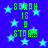 Blue background with light blue stars and green text reading "SARAH IS A STAR!!" in pixelated font.