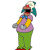 Pixelated character in purple shirt, yellow sleeves, green pants, red shoes, blue bow tie, and teal-and-white hat with red tip.