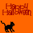 Orange background with red 'Happy Halloween' text and black cat silhouette; one cat is partially cropped by a gray rectangle.