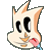 Pixelated cartoon cat head with large black eyes, orange-brown ears, pink nose, and blue-tipped tongue sticking out against gray background.