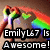 Pixelated image of a character with rainbow-colored hair holding a rainbow flag, with text overlay reading "EmilyL67 Is Awesome!" on a brown background.
