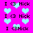 Pixelated icon with repeated text "I <3 Nick" over a bright pink background filled with light blue hearts.