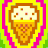 Pixelated ice cream cone with white scoop, brown sprinkles, and yellow-orange waffle cone against a layered neon border.
