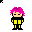 Pixel art character with pink spiky hair and yellow-black outfit in multiple poses including standing, talking, sleeping, running, and using a blue weapon.