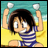 Pixelated anime-style character in blue-and-white striped outfit holds two white spherical objects above head against beach background with black showing "Anime IM" text