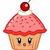 Pixelated cupcake icon with pink frosting, red sprinkles, a cherry on top, and a smiling face with large eyes.
