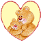 Two heart-shaped frames with yellow interiors and red outlines contain brown teddy bears; one frame has a floating red heart symbol.