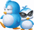 Pixelated blue penguin with white belly and orange beak stands beside smaller pixelated version wearing black sunglasses on white background.