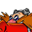 Pixelated character with dark hair and blue eyes lies on red surface, wearing orange jacket over pink shirt against gray background.