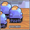 Pixel art image of three blue tracked vehicles with brown rectangular objects on top, set against a tiled wall and wooden floor background.