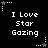 Black background with white pixelated text "I Love Star Gazing" repeated in six positions, surrounded by small star symbols and dotted lines.