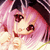 Pixelated anime-style character with pink hair and dark eyes, wearing a red collar against a light background.