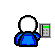 Pixelated figure in blue shirt holds gray device with green screen; white head, black outline on light gray background.