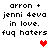 Pixelated text displays 'arron + jenni 4eva in love. fuc haters' with red and pink heart symbols on a white background.