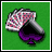 Pixelated icon of a playing card with spade symbol, featuring red and white patterned face on green background.