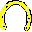 Two pixelated arches, one yellow with white dots and black outline on left, one red with black squares and black outline on right, both curved against gray background.