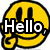 Yellow smiley face with 'Hello' text, peace signs on black background with 'I am', blue peace sign with 'cocoa' text.
