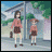 Animated contact sheet of five pixelated frames showing two anime-style girls in school uniforms interacting outdoors with a truck and buildings in the background.