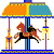 Animated contact sheet of a carousel with 9 distinct frame variations showing horses and riders in motion under colorful canopies.
