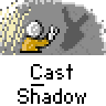 Animated contact sheet showing two frames of a pixel art buddy icon with a character casting a shadow, featuring red text and yellow particle effects on gray background.