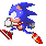 Six pixel-art frames of a blue hedgehog character in running motion, showing sequential stride positions with red shoes and white gloves against gray background.
