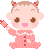 Pixelated character in pink pajamas with red buttons and white trim, holding a rocket-shaped object against gray background.