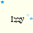 A static icon with a light cream background featuring the text "Izzy" in black, accompanied by scattered blue and white stars.