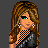 Pixel art contact sheet showing three frames of an animated buddy icon featuring a female character with long brown hair, checkered black-and-orange top, and dark pants, alongside text elements on a black background.