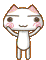 Pixelated white cat-like character with pink inner ears and cheeks, brown eyes, smiling expression, standing against gray background.