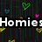 Pixelated text reads "Homies For Lyfe Yo!" over a dark background with colorful heart shapes in green, pink, yellow, and orange.