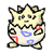 Two side-by-side pixel art frames of a small Pokémon character with egg-like body, crown-shaped head, and red/blue patterns on its shell.