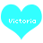 Two identical cyan heart shapes with white pixelated text "Victoria" centered inside each heart on a white background.