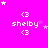 A bright pink background with white pixelated text 'shelby' and '<3' symbols, surrounded by small white stars in various positions.