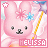 Pink bunny with black eyes and nose, blue flower on head, yellow wand in hand, pink background with white clouds, text 'MELISSA' at bottom.