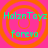 Four identical pixelated icons arranged in a on bright pink background with orange concentric circles, each displaying text "HolznToyz" and "forevo" in cyan