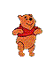A cartoon bear in a red shirt appears in multiple poses , showing standing, jumping, and sitting positions with varying arm and leg placements