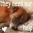 Pixelated image with text 'they need our help' and a white heart symbol on brown-toned background.