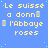 A static pixel art image with a blue background, yellow text reading "Le suisse a donnn l'Abbaye roses," and small light blue dots scattered across the surface.