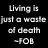 Black background with red and white pixelated text fragments arranged in three vertical sections, some phrases ending with attribution tags.