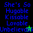 Pixelated text displays 'She's So Hugable Kissable Lovable Unbelievable' in blue on black and green backgrounds with small green and black cursor-like icons.