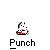 Pixelated character in red shirt punches a white ball, with motion effects showing impact and scattered particles.